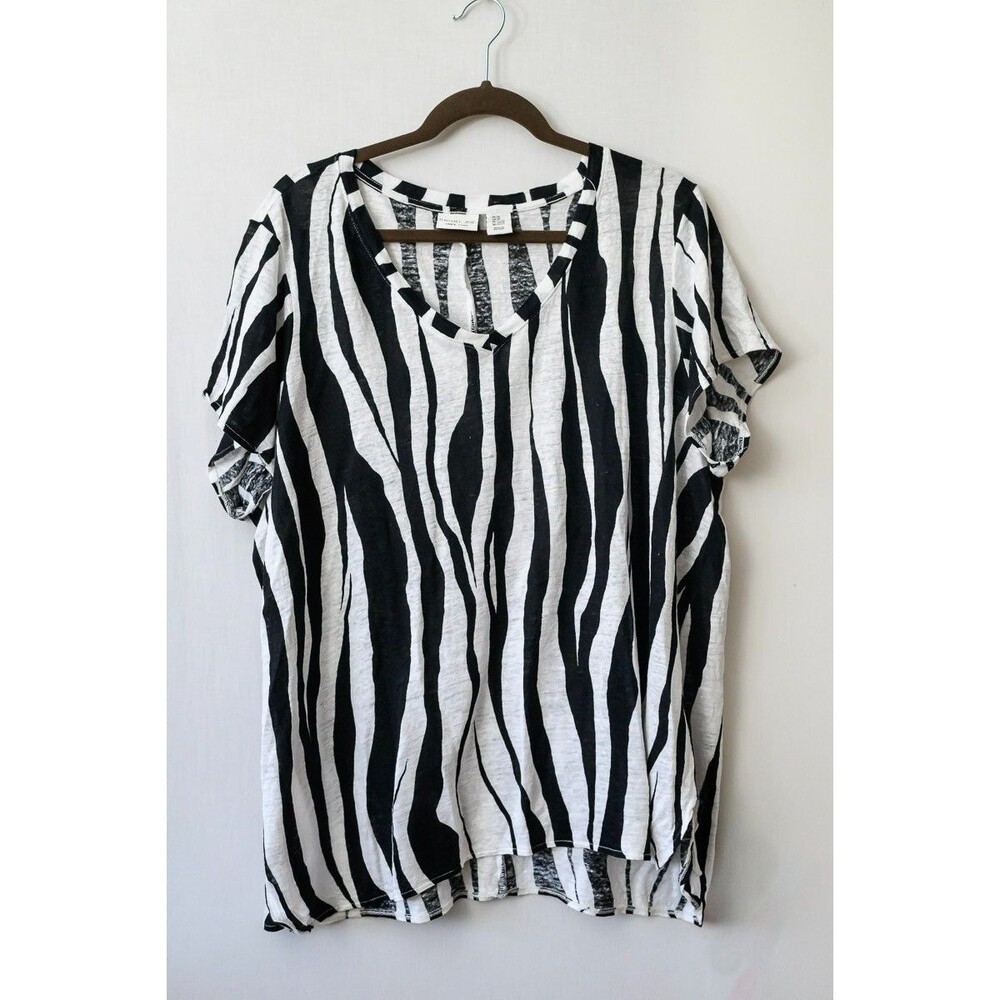 Rachel Zoe Tee 2X zebra striped v-neck Tee Shirt T-shirt Linen lightweight